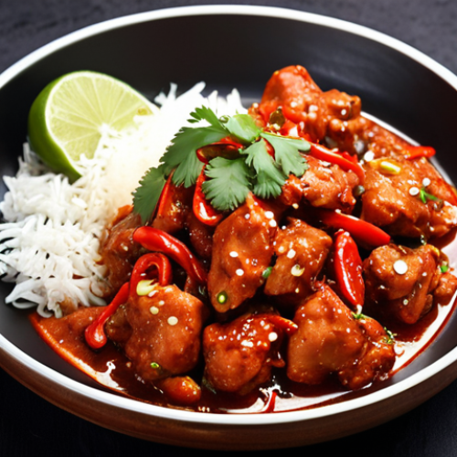Home 4 Indian-Chinese fusion dish: Chili chicken, vibrant colors, garnished with cilantro, served on a plate.