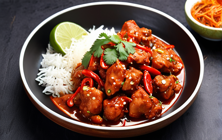 Indian-Chinese fusion dish: Chili chicken, vibrant colors, garnished with cilantro, served on a plate.