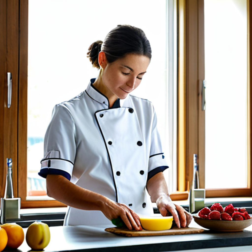 Healthy Morning Routine**
"A female chef in a professional kitchen, fully clothed in a modest chef's uniform, preparing a healthy breakfast smoothie with oats, fruits, and nuts. Natural sunlight streams through the kitchen window. Perfect anatomy, correct proportions, well-formed hands, proper finger count, natural pose, safe for work, appropriate content, professional, family-friendly, high-quality photography."
**