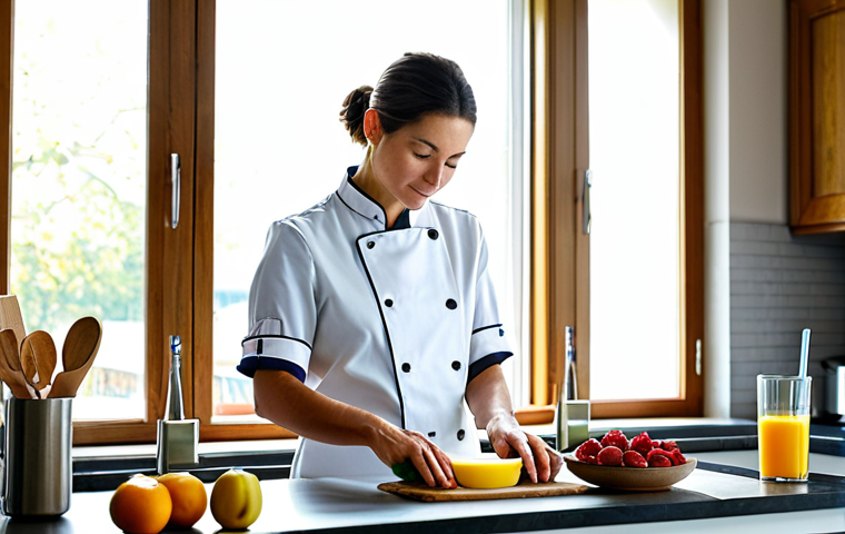 Healthy Morning Routine**
"A female chef in a professional kitchen, fully clothed in a modest chef's uniform, preparing a healthy breakfast smoothie with oats, fruits, and nuts. Natural sunlight streams through the kitchen window. Perfect anatomy, correct proportions, well-formed hands, proper finger count, natural pose, safe for work, appropriate content, professional, family-friendly, high-quality photography."
**