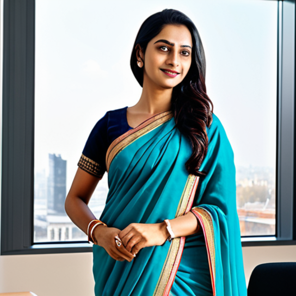 **

A professional businesswoman in a modest sari, standing confidently in a modern, sunlit office. Fully clothed, appropriate attire. Safe for work. Perfect anatomy, correct proportions, natural pose. Professional photography, high quality. Modern cityscape visible through the window. Family-friendly.

**