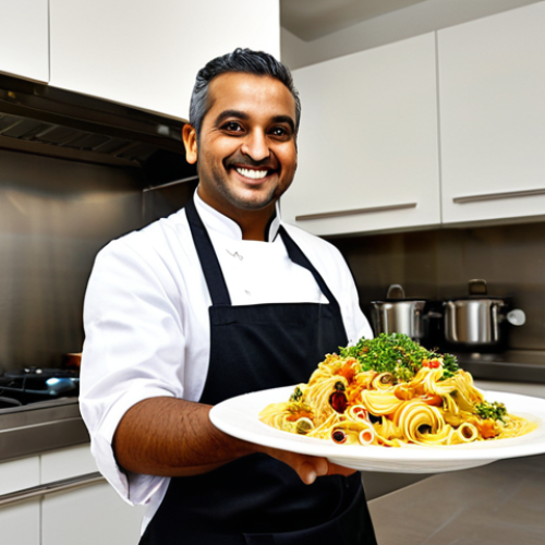Home 19 Multicultural Cuisine**
A chef, fully clothed in a professional kitchen, smiling and presenting a fusion dish: Italian pasta with Indian spices. Ingredients like fresh vegetables and vibrant spices are visible. Background shows a clean, modern kitchen. Perfect anatomy, correct proportions, natural pose, well-formed hands, proper finger count, natural body proportions, safe for work, appropriate content, fully clothed, professional, family-friendly.
**