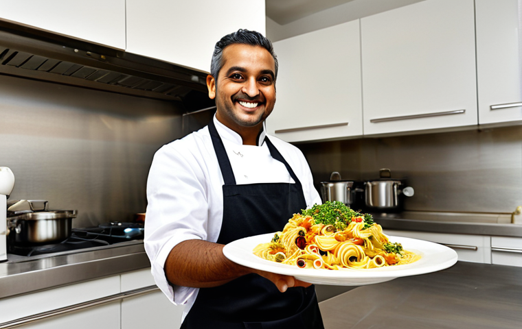 Multicultural Cuisine**
A chef, fully clothed in a professional kitchen, smiling and presenting a fusion dish: Italian pasta with Indian spices. Ingredients like fresh vegetables and vibrant spices are visible. Background shows a clean, modern kitchen. Perfect anatomy, correct proportions, natural pose, well-formed hands, proper finger count, natural body proportions, safe for work, appropriate content, fully clothed, professional, family-friendly.
**
