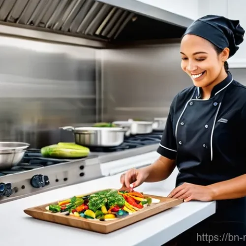 Home 18 다문화 요리사 교육과정 - **Professional Multicultural Chef in a Modern Kitchen:**
A skilled female multicultural chef, dr...