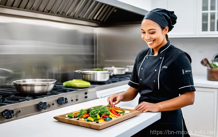 다문화 요리사 교육과정 - **Professional Multicultural Chef in a Modern Kitchen:**
A skilled female multicultural chef, dr...