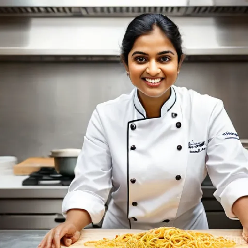 다문화 요리사와 지역 특산물 활용 - **Prompt:** A vibrant, dynamic photograph of a modern Bengali chef, a woman in her early 30s, dresse...