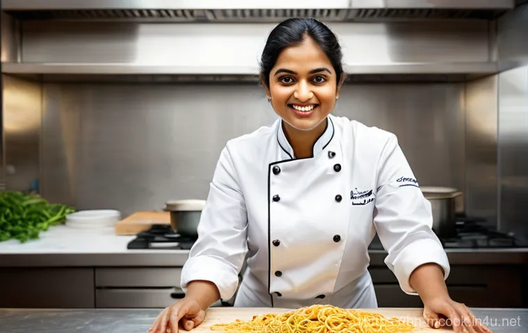 다문화 요리사와 지역 특산물 활용 - **Prompt:** A vibrant, dynamic photograph of a modern Bengali chef, a woman in her early 30s, dresse...