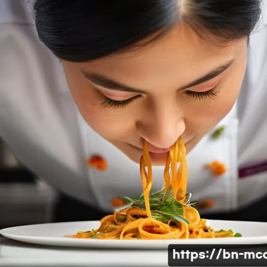 다문화 요리사 실무 트렌드 - **"A close-up of a skilled multicultural chef, a woman with a focused expression, meticulously garni...