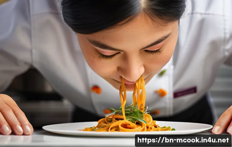 다문화 요리사 실무 트렌드 - **"A close-up of a skilled multicultural chef, a woman with a focused expression, meticulously garni...