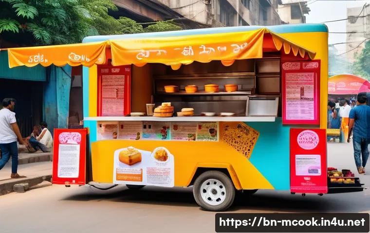 다문화 요리사와 푸드트럭 운영 - A vibrant street food truck scene in a bustling Bengali city, showcasing a colorful fusion menu comb...