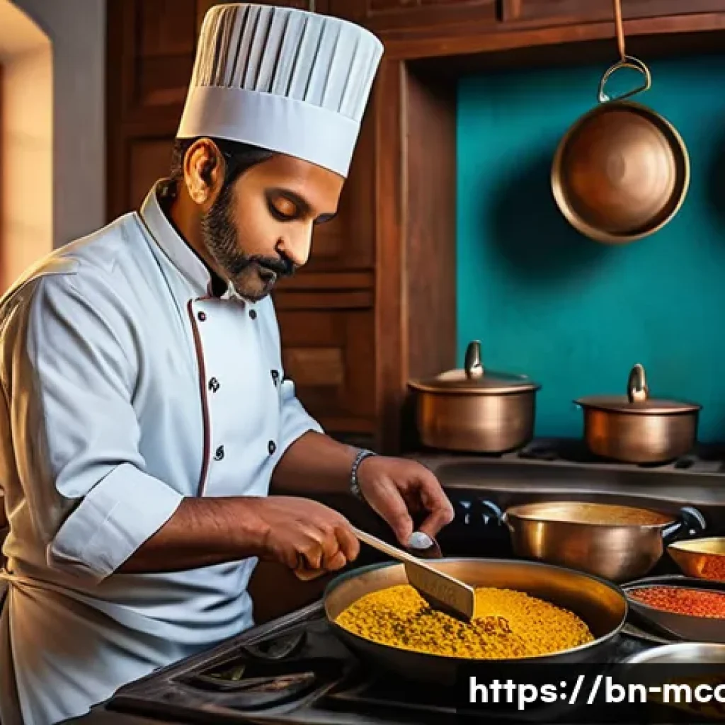 다문화 요리사 자격증 시험 후기 - A vibrant kitchen scene showcasing a multicultural chef preparing traditional Indian cuisine with ar...