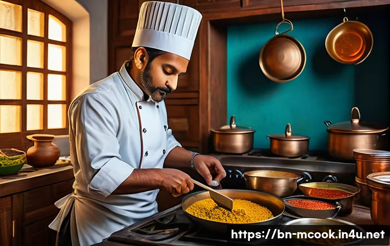 다문화 요리사 자격증 시험 후기 - A vibrant kitchen scene showcasing a multicultural chef preparing traditional Indian cuisine with ar...
