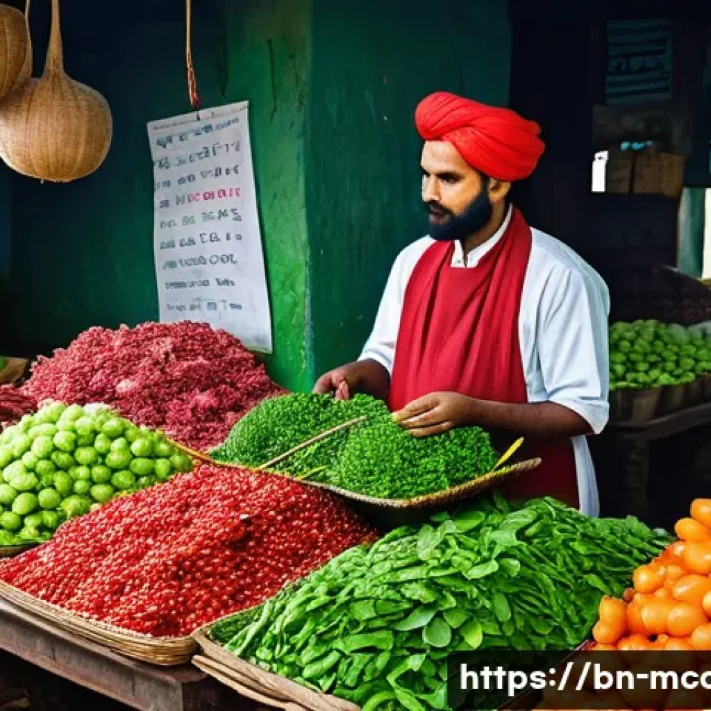 다문화 요리사와 식재료 관리 노하우 - A vibrant kitchen scene showcasing a Bengali cook carefully selecting fresh vegetables at a bustling...