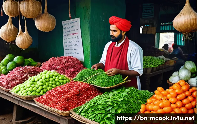 다문화 요리사와 식재료 관리 노하우 - A vibrant kitchen scene showcasing a Bengali cook carefully selecting fresh vegetables at a bustling...
