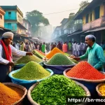 Home 22 다문화 요리사의 현장 적응 방법 - A bustling local Bengali market scene at dawn, vibrant stalls filled with fresh seasonal vegetables ...