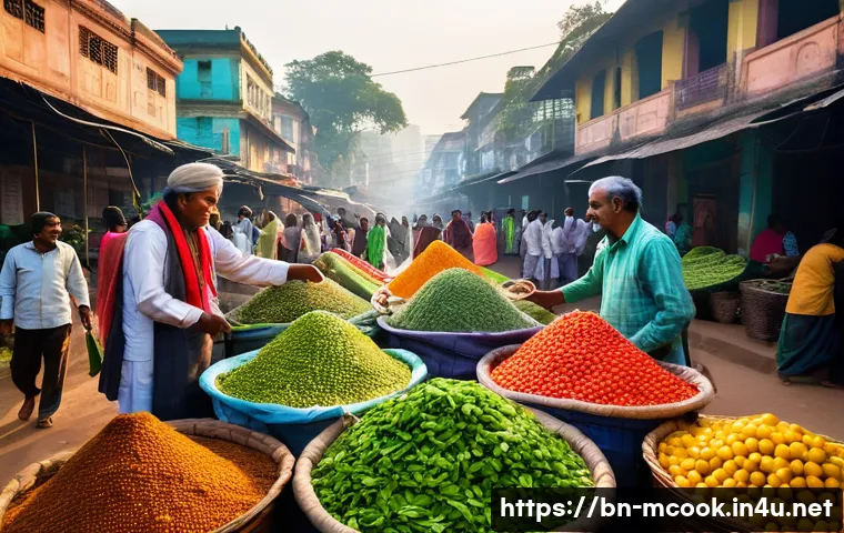 다문화 요리사의 현장 적응 방법 - A bustling local Bengali market scene at dawn, vibrant stalls filled with fresh seasonal vegetables ...