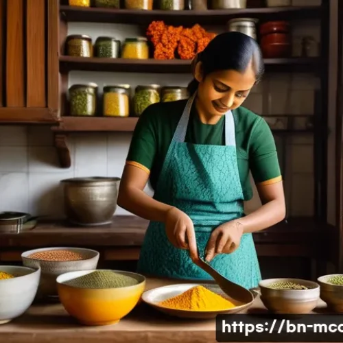 Home 33 다문화 요리사 시험 대비 학습법 - A vibrant kitchen scene showcasing a Bengali home cook preparing traditional dishes with fresh ingre...