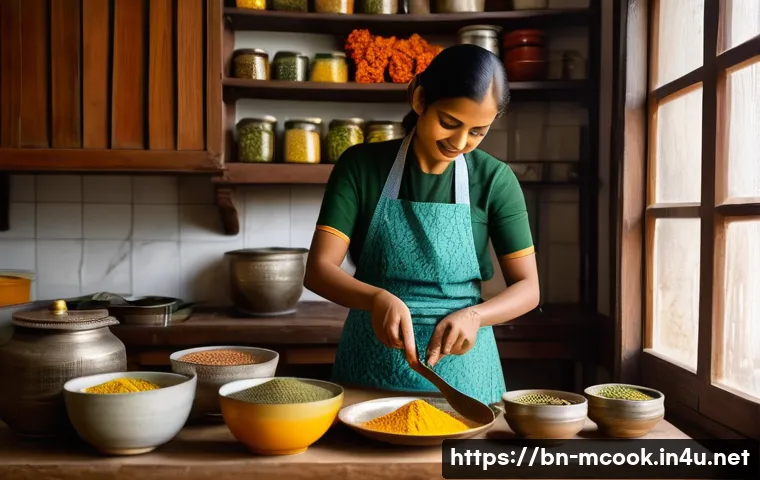 다문화 요리사 시험 대비 학습법 - A vibrant kitchen scene showcasing a Bengali home cook preparing traditional dishes with fresh ingre...