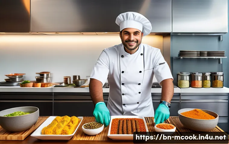 다문화 요리사 필기시험 기출 문제 - A professional multicultural chef in a modern kitchen, wearing a clean chef&rsquo;s uniform and apron, pre...
