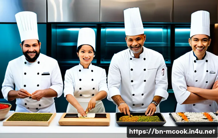 다문화 요리사 취업 박람회 - A vibrant multicultural cooking event scene featuring professional chefs from diverse backgrounds co...