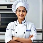 Home 23 다문화 요리사의 자격증 전환 제도 - A professional female chef of South Asian descent wearing a clean, modern chef’s uniform with a whit...