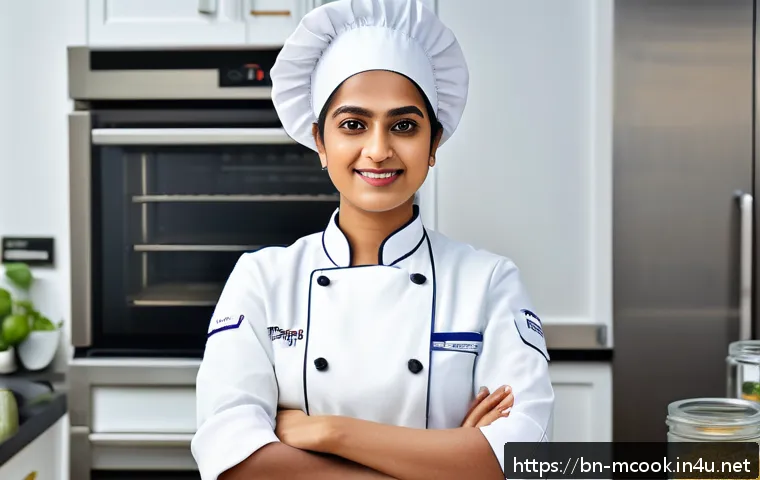 다문화 요리사의 자격증 전환 제도 - A professional female chef of South Asian descent wearing a clean, modern chef&rsquo;s uniform with a whit...